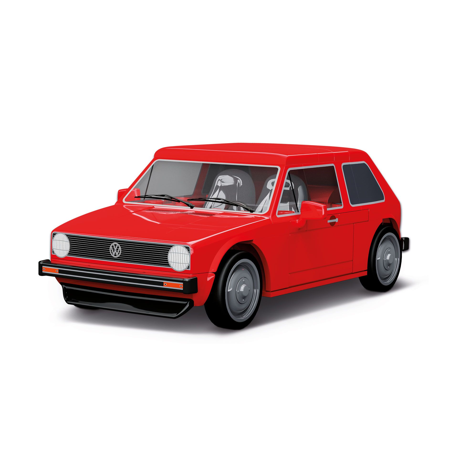 Ein rotes Auto, VW Golf 1 Modell, mit klaren Linien und eckigem Design. Der Wagen hat zwei Türen und glänzende Felgen. Der Hintergrund ist weiß.