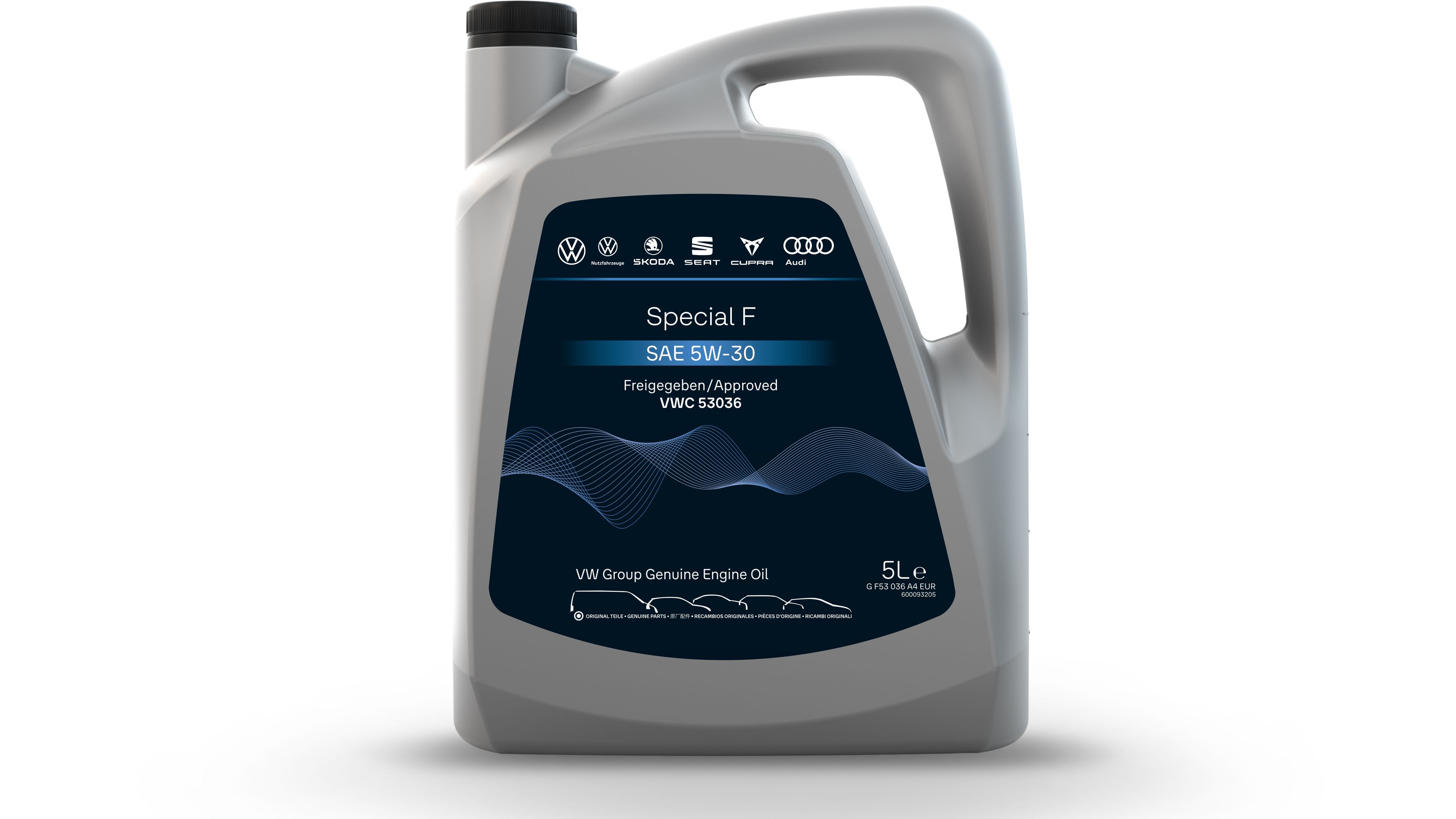Eine 5 Liter Flasche Volkswagen Special F Motoröl speziell für Dieselfahrzeuge.