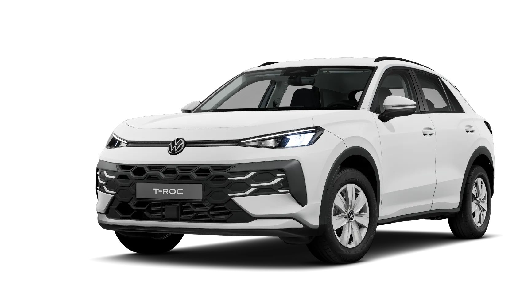 Ein weißer VW T-Roc in der Ausstattungslinie 4Me schräg von vorne