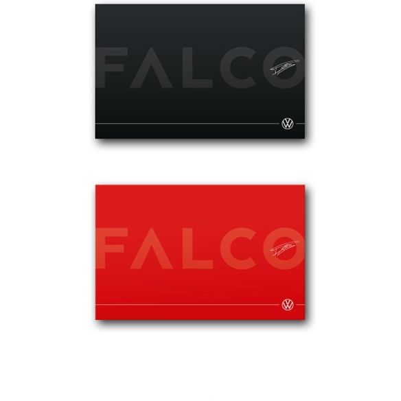 Zwei geschlossene Boxen sind in Frontalansicht übereinander angeordnet. Die obere Box ist schwarz und die untere rot. Auf beiden Präsentboxen steht das Wort "FALCO" in großen Buchstaben. In der Ecke rechts unten ist ein VW Logo zu sehen.