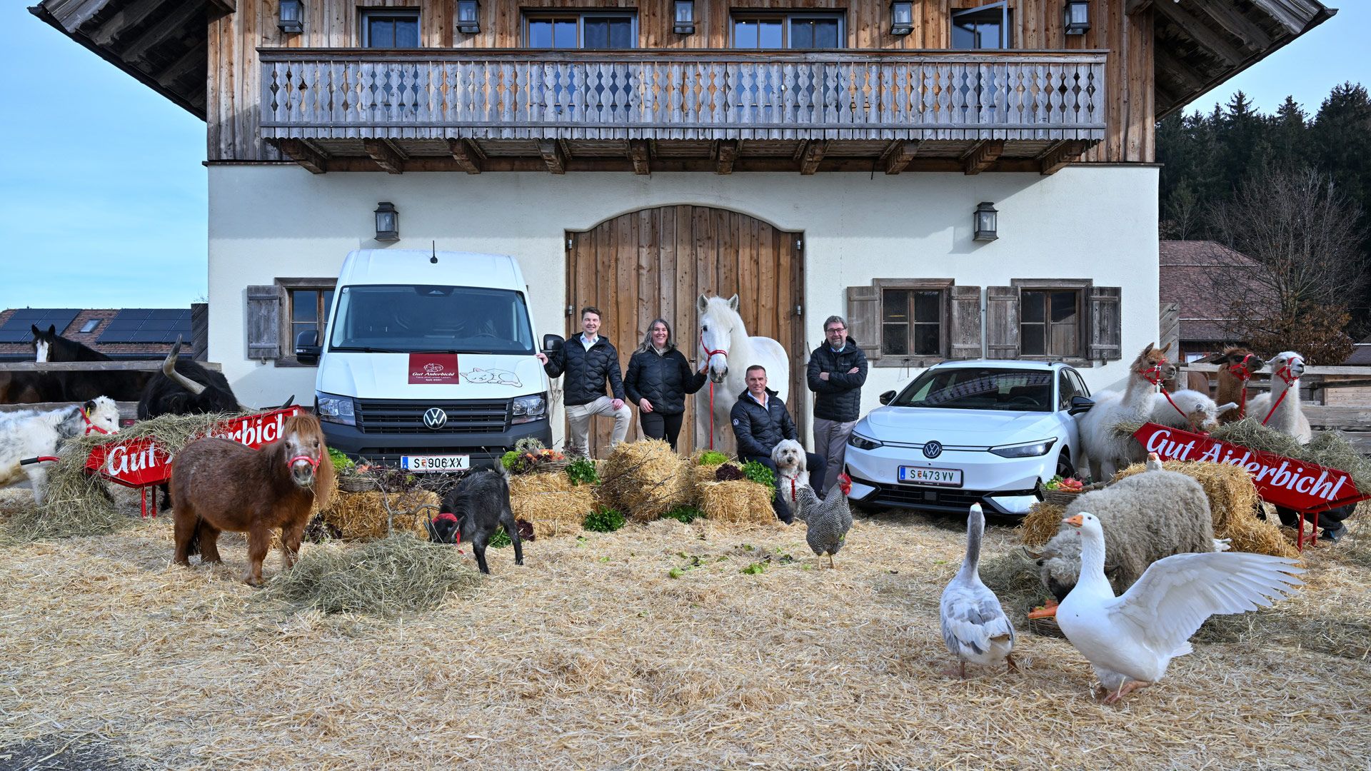 Ein traditionelles Bauernhaus mit Holzdetails, vor dem unterschiedliche Tiere in einem Freigehege stehen, darunter Ziegen, Schafe, Gänse und Alpakas. Drei Personen stehen neben einem weißen Lieferwagen und einem weißen Auto. Die Szene wirkt ländlich und entspannt.