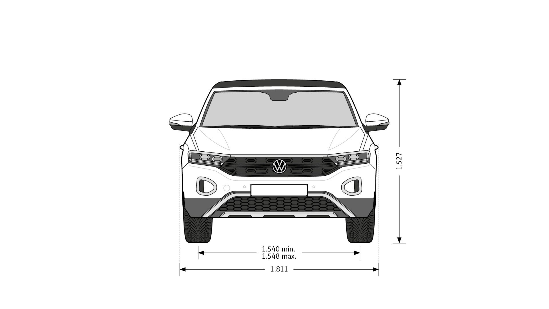 Frontale Ansicht eines T-Roc Cabriolet inklusive der Abmessungen