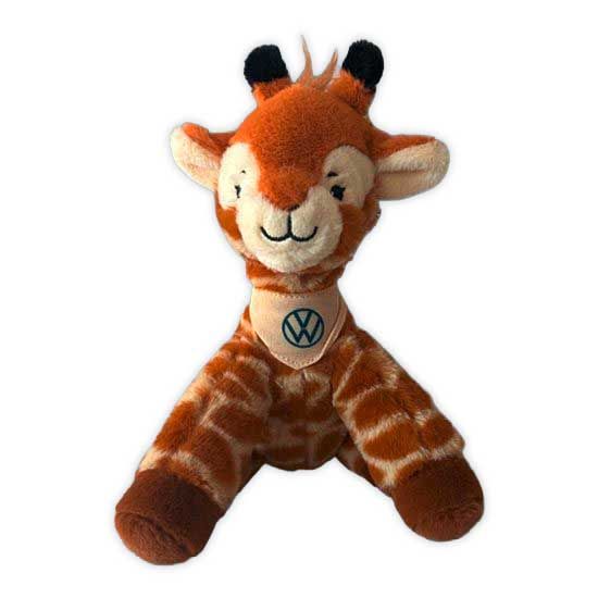 Stofftier in Form einer Giraffe mit einem Volkswagen-Logo auf der Brust. Die Giraffe hat ein freundliches Gesicht und ist in verschiedenen Brauntönen gefärbt.