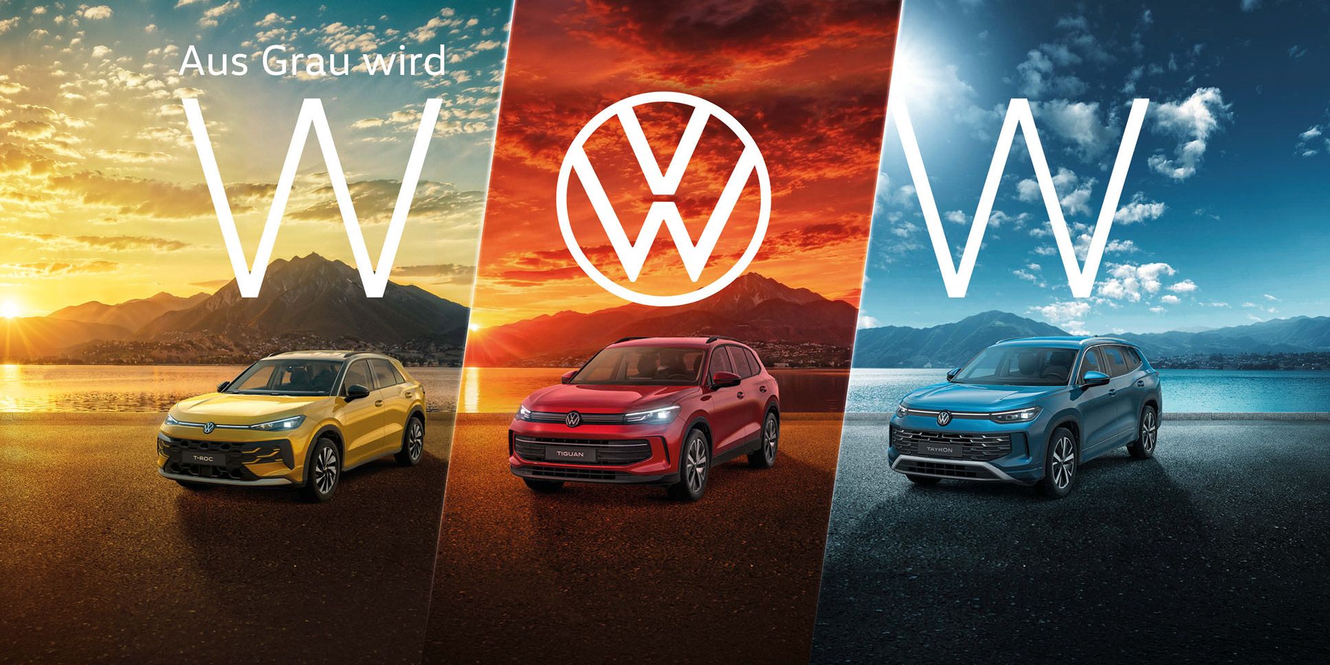 Aktionsbild von Volkswagen mit drei SUVs in Gelb, Rot und Blau vor unterschiedlich farbigen Landschaftshintergründen bei Sonnenaufgang oder -untergang. In der Mitte steht der Slogan „Aus Grau wird WOW“. Die Szene vermittelt Dynamik und Modernität durch kräftige Farben und spiegelnden Asphalt im Vordergrund.