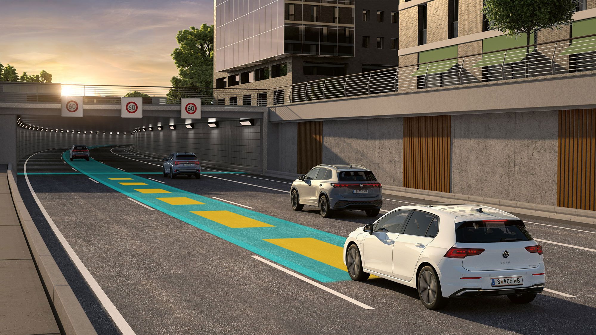 Illustration zeigt schematisch anhand eines VW Golf die Funktionsweise des Travel Assist.