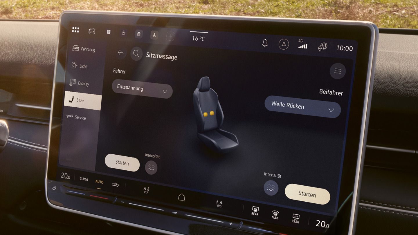 Das Bild zeigt das Infotainment System eines ID. Modells und den Modus "Sitzmassage"