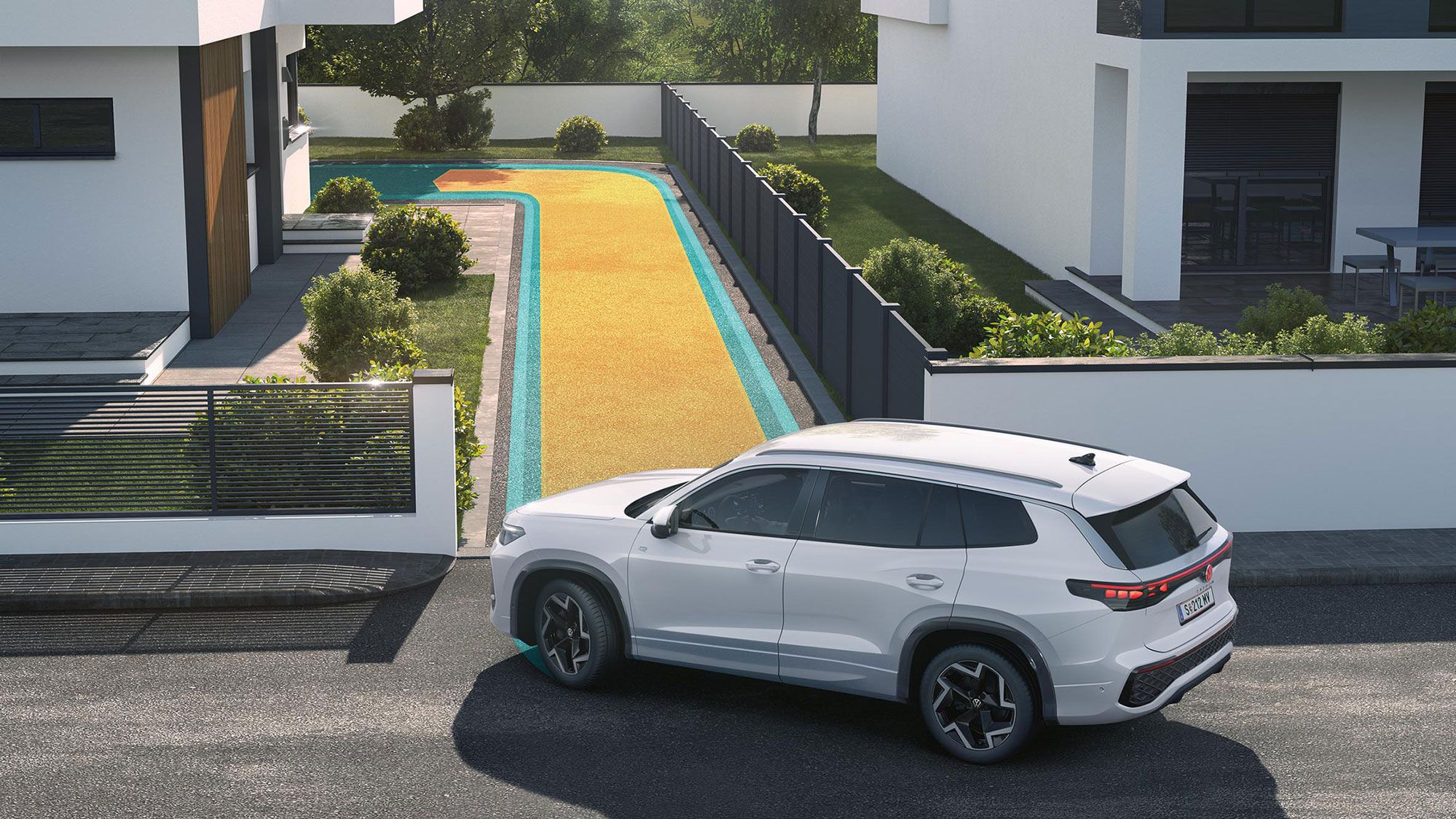 Illustration zeigt schematisch anhand eines VW Tayron die Funktionsweise der Memory-Funktion für den Parkassistenten.