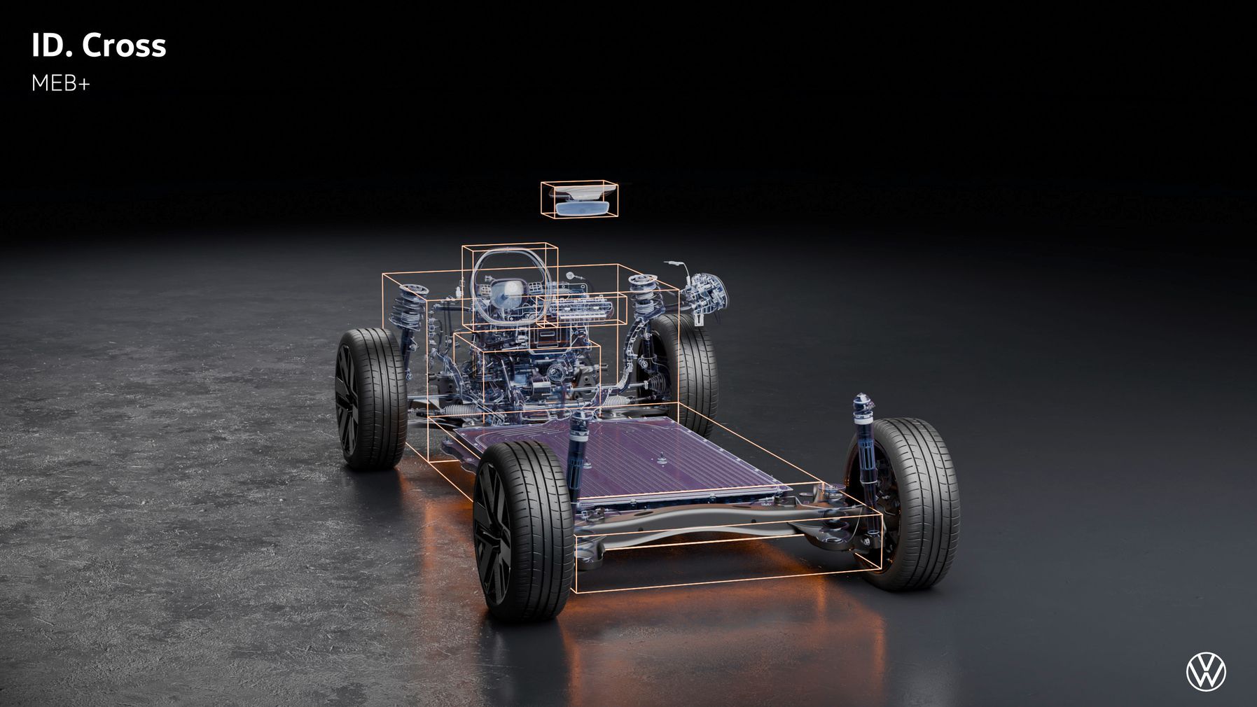 Das Bild zeigt den transparenten Rahmen eines Elektrofahrzeugs, der den inneren Aufbau einschließlich Motor, Batterie und Fahrwerk veranschaulicht. Es handelt sich um das Modell ID. Cross von Volkswagen mit dem Plattformdesign MEB+.