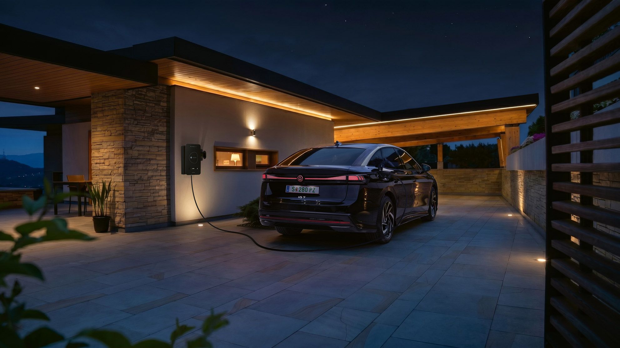 Ein schwarzes Elektroauto steht nachts in der Einfahrt eines modernen Hauses und ist an einer Wallbox zum Laden angeschlossen. Warmes, indirektes Licht an Fassade und Carport beleuchtet die Szene stimmungsvoll. Im Hintergrund sind Berge oder Hügel im Dämmerlicht zu erkennen.