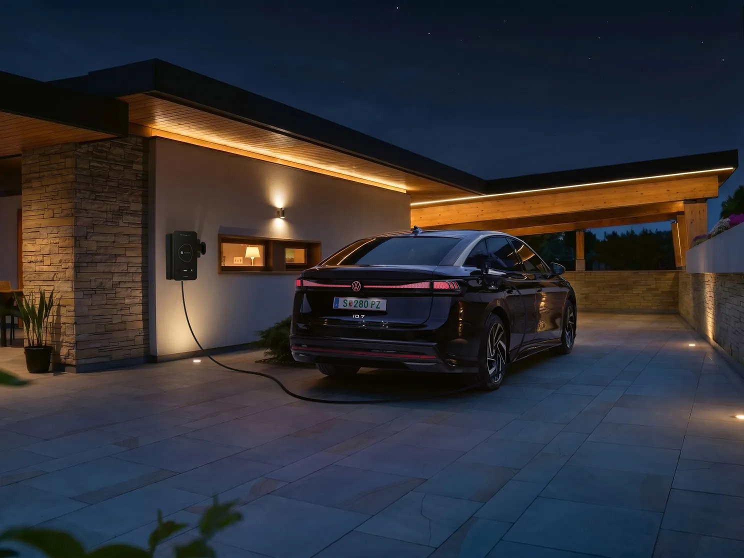 Ein schwarzes Elektroauto steht nachts in der Einfahrt eines modernen Hauses und ist an einer Wallbox zum Laden angeschlossen. Warmes, indirektes Licht an Fassade und Carport beleuchtet die Szene stimmungsvoll. Im Hintergrund sind Berge oder Hügel im Dämmerlicht zu erkennen.