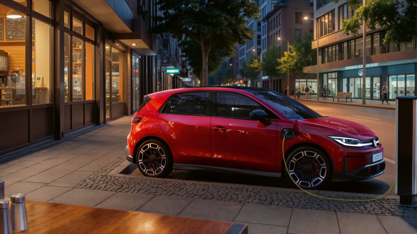 Ein roter VW ID. Polo GTI steht am Abend an einer AC-Ladestation in einem Geschäftsviertel.