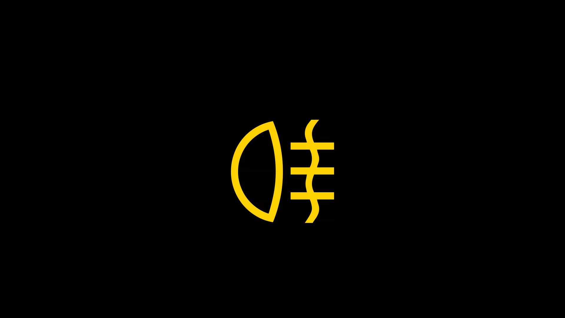 Gelbes Symbol für Nebelscheinwerfer auf schwarzem Hintergrund. Das Symbol besteht aus einem halbkreisförmigen Element und drei parallelen Linien.