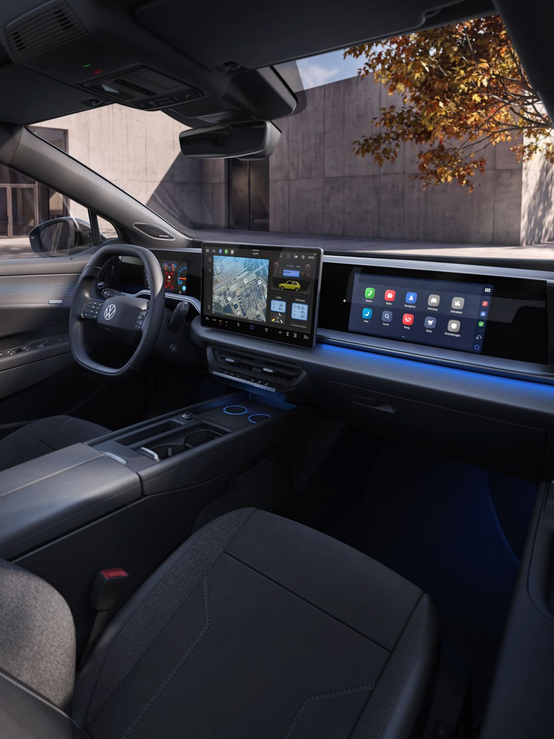 Interieur-Ansicht auf die Displaylandschaft mit Beifahrerdisplay eines VW ID.4 Reskin.