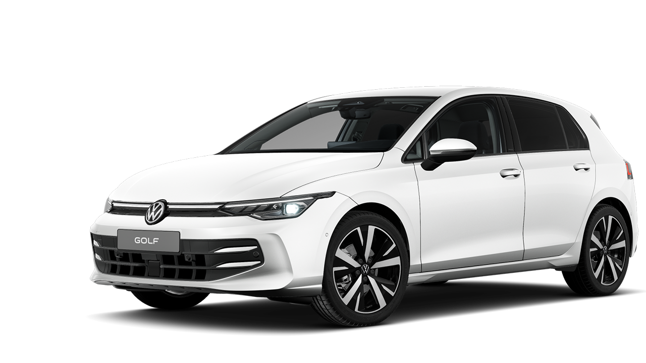 Ein weißer VW Golf 8 PA schräg von vorne