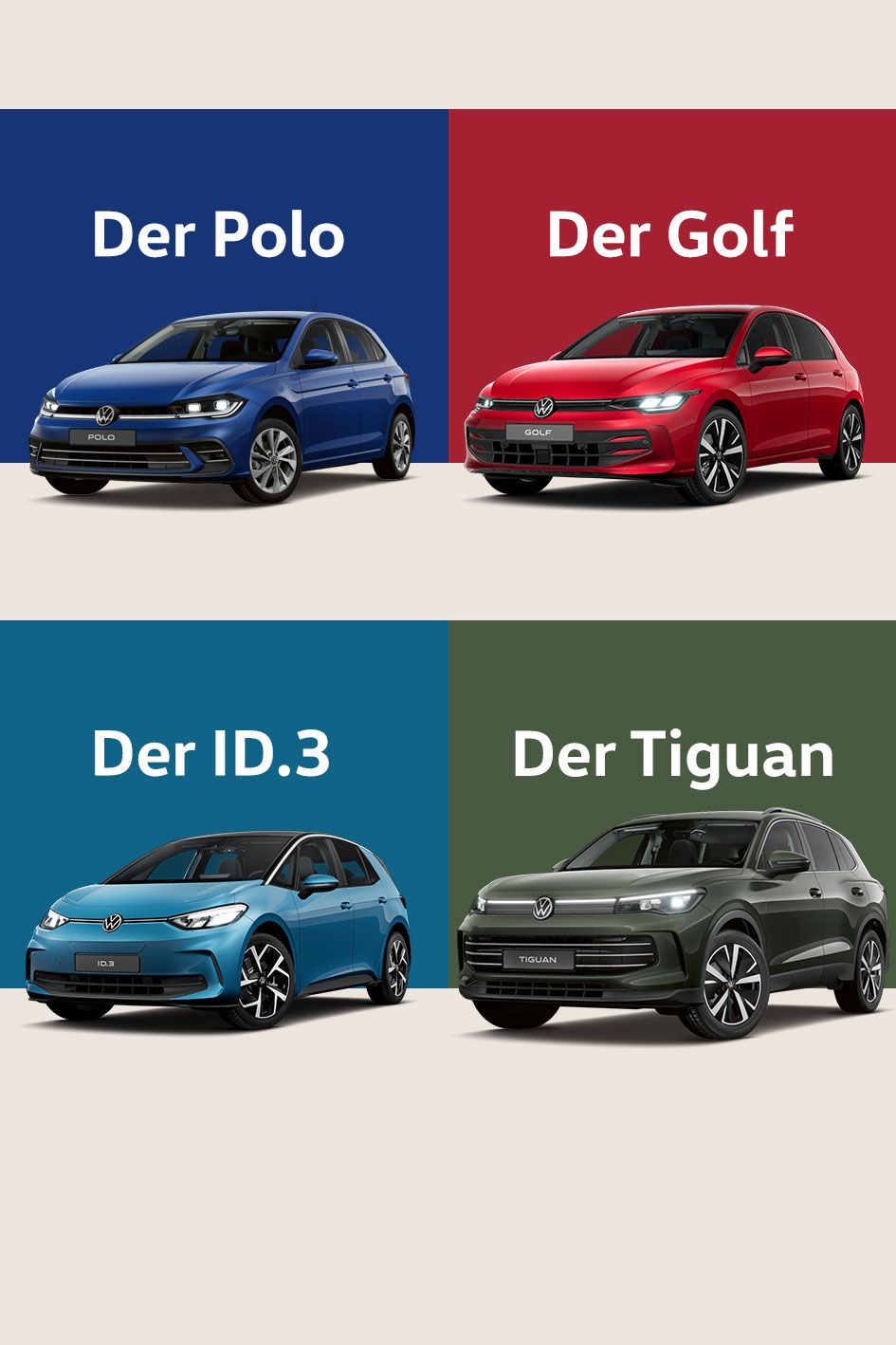 Die Abbildung zeigt vier Autos der Marke Volkswagen: Der Polo, Der Golf, Der ID.3 und Der Tiguan. Jedes Auto ist in einem separaten Feld mit Hintergrundfarben blau, rot, türkis und olivgrün dargestellt.