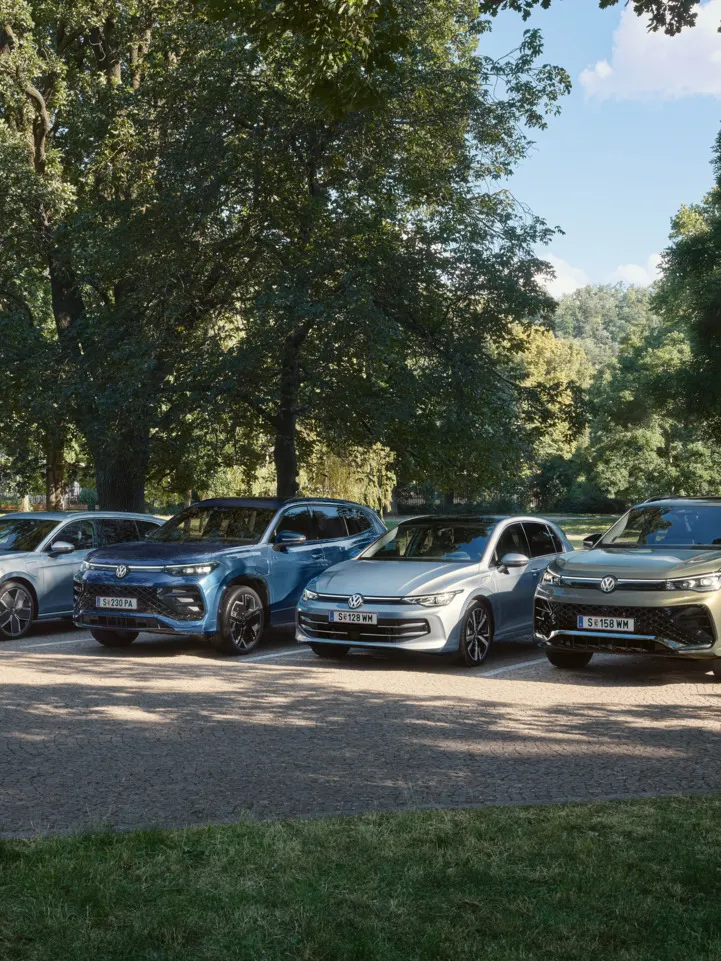 Vier VW Plug-In-Hybrid-Modelle stehen nebeneinander auf einem Parkplatz in einem Park.