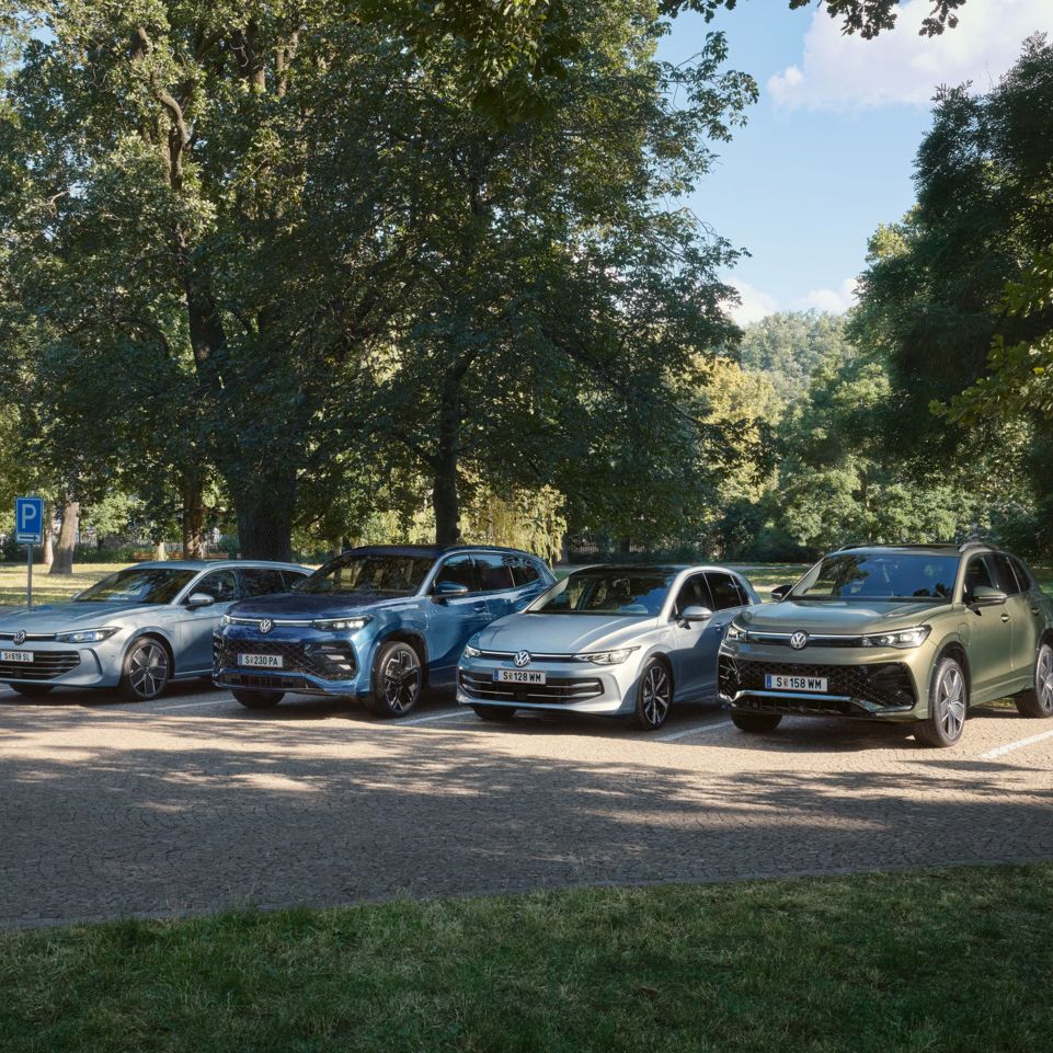 Vier VW Plug-In-Hybrid-Modelle stehen nebeneinander auf einem Parkplatz in einem Park.
