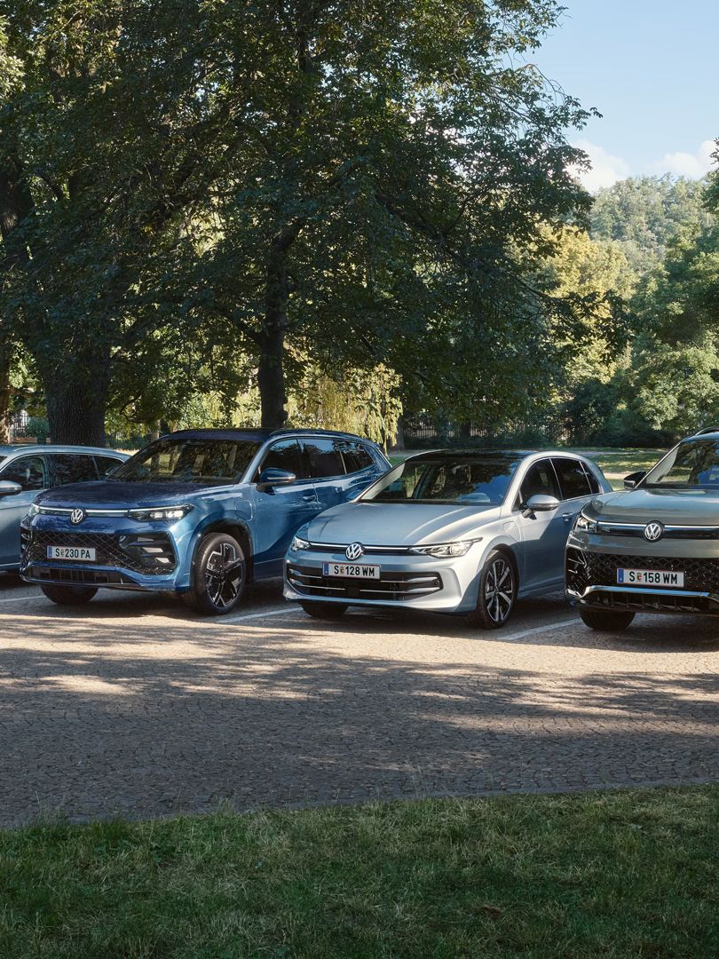 Vier VW Plug-In-Hybrid-Modelle stehen nebeneinander auf einem Parkplatz in einem Park.