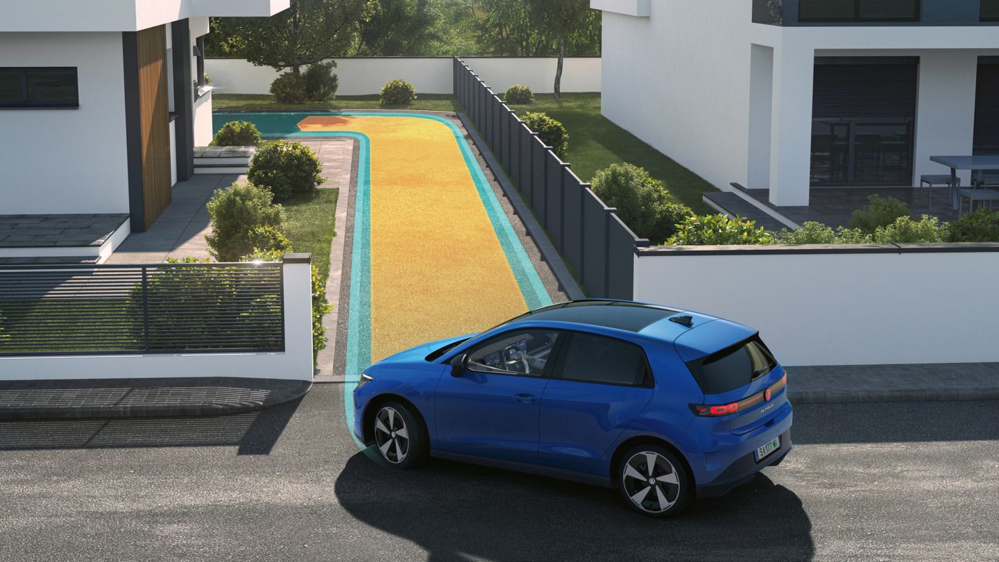 Illustration zeigt schematisch anhand eines VW ID. Polo die Funktionsweise der Memory Funktion für den Parkassistenten