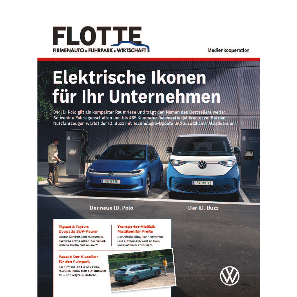 Das PDF zeigt die Ausgabe der Zeitschrift "Flotte" in digitaler Form. Vertreten sind die Marken Volkswagen PKW und Volkswagen Nutzfahrzeuge