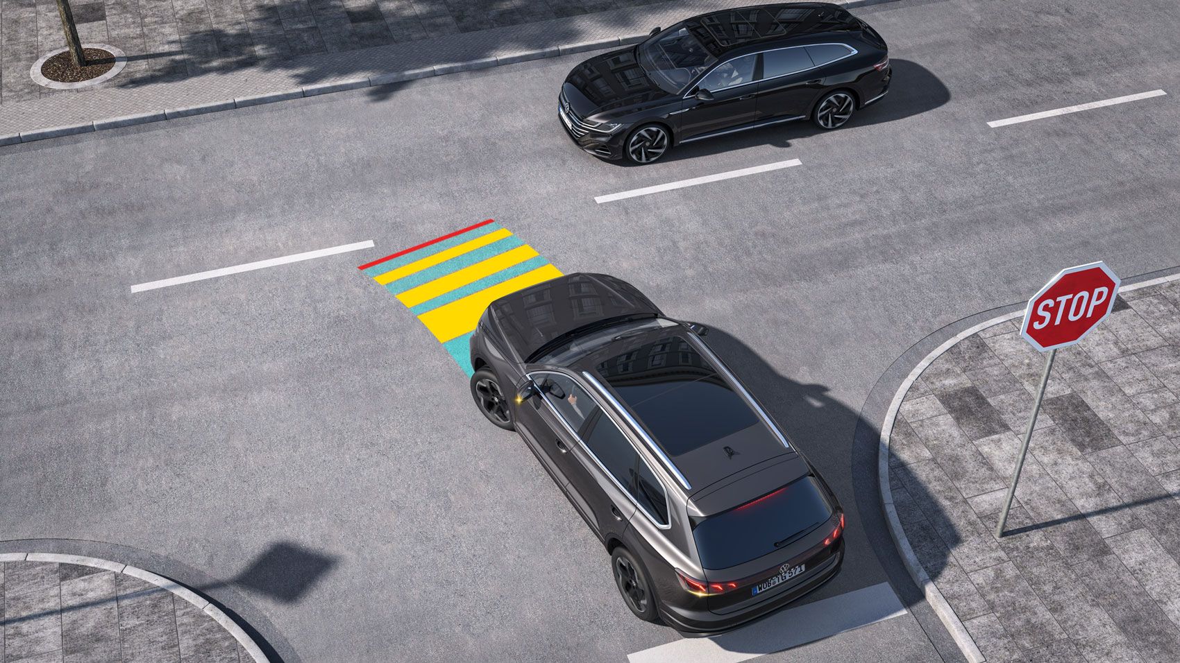Grafische Darstellung des Assistenzsystems Kreuzungsassistent von Volkswagen
