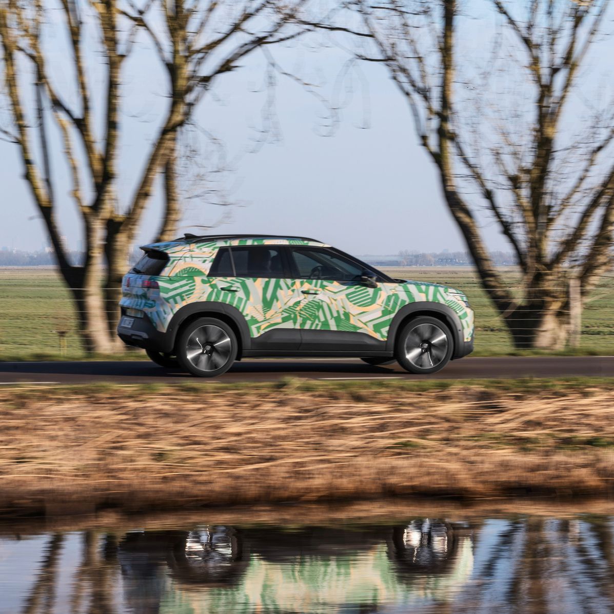 Ein SUV fährt auf einer ländlichen Straße vorbei an kahlen Bäumen und einem Wassergraben. Das Auto ist mit einem bunten, tropischen Muster bemalt. Im Hintergrund ist eine grüne Wiese und wolkenloser Himmel zu sehen.