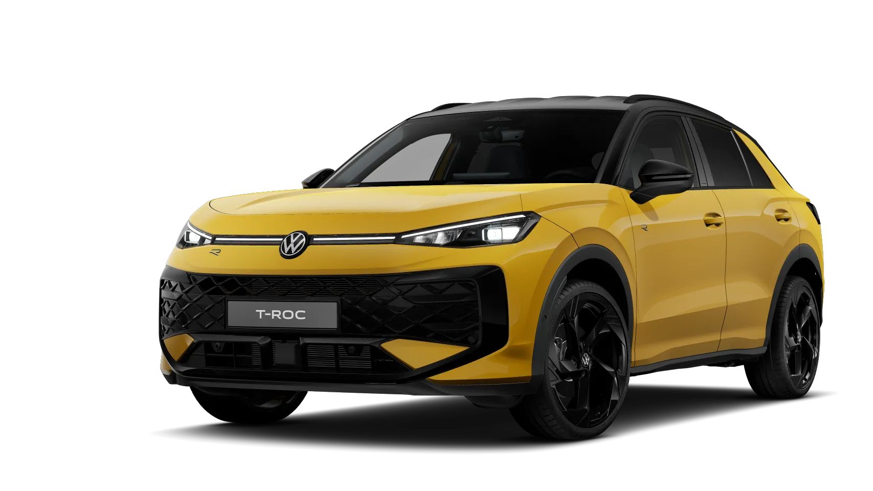 Ein gelber VW T-Roc R-Line mit gelber Lackierung und Black Style Paket