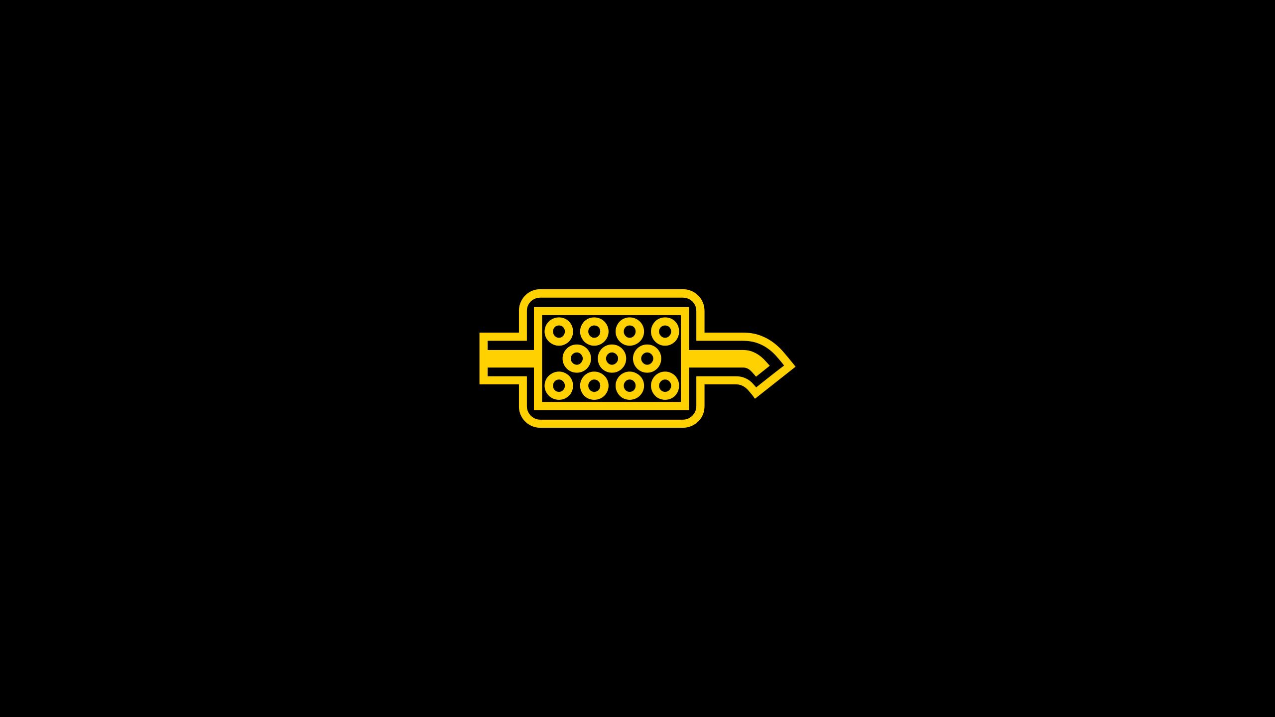 Das Bild zeigt eine gelbe Kontrollleuchte auf schwarzem Hintergrund. Es handelt sich um die Anzeige für den Partikelfilter eines Autos. Der Filter symbolisiert ein rechteckiges Element mit mehreren punktförmigen Öffnungen und einem Pfeil nach rechts.