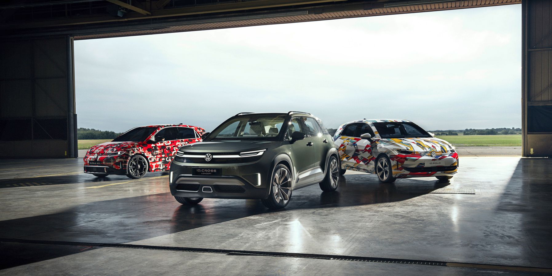 ID. Polo, ID. Cross und ID. Polo GTI stehen nebeneinander