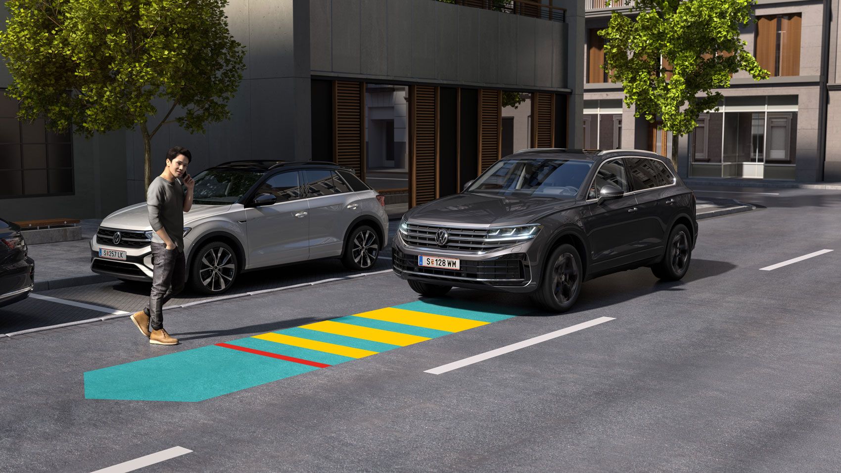 Grafik zeigt, wie der Notbremsassistent „Front Assist“ im VW Touareg funktioniert. 