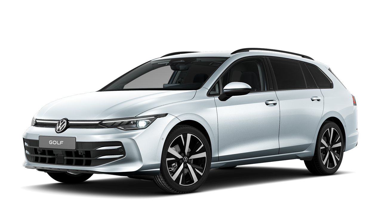 Schräge Frontansicht des Golf Variant in Oyster Silver Metallic