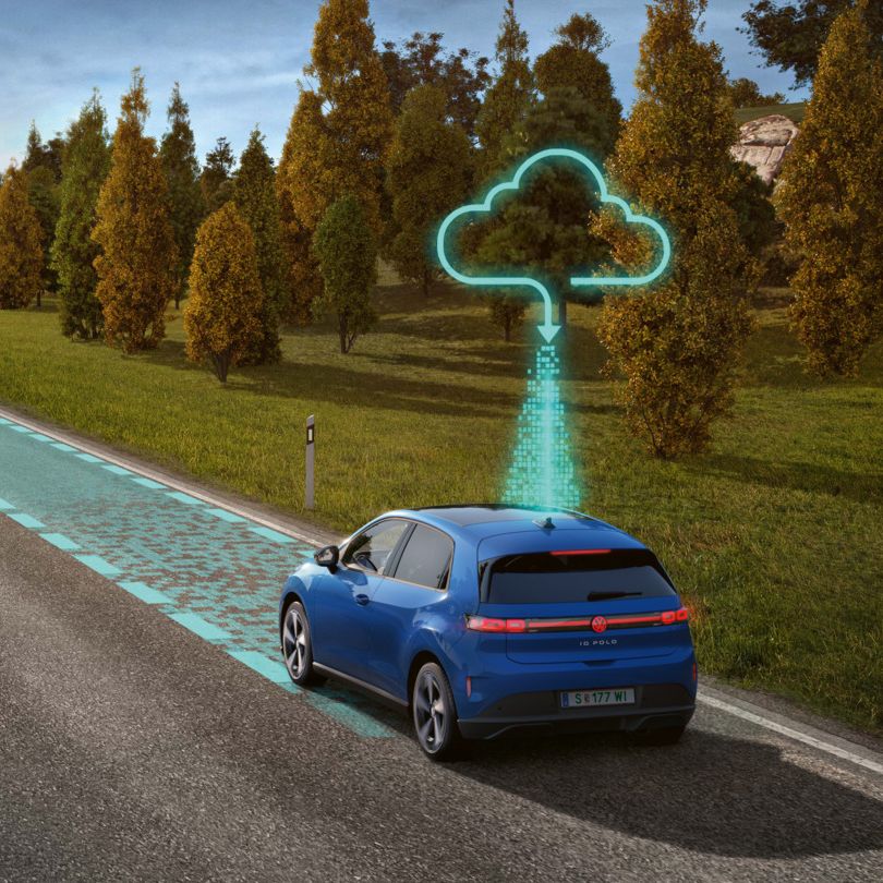 Illustration zeigt schematisch anhand eines blauen VW ID. Polo die Funktionsweis des Travel Assist