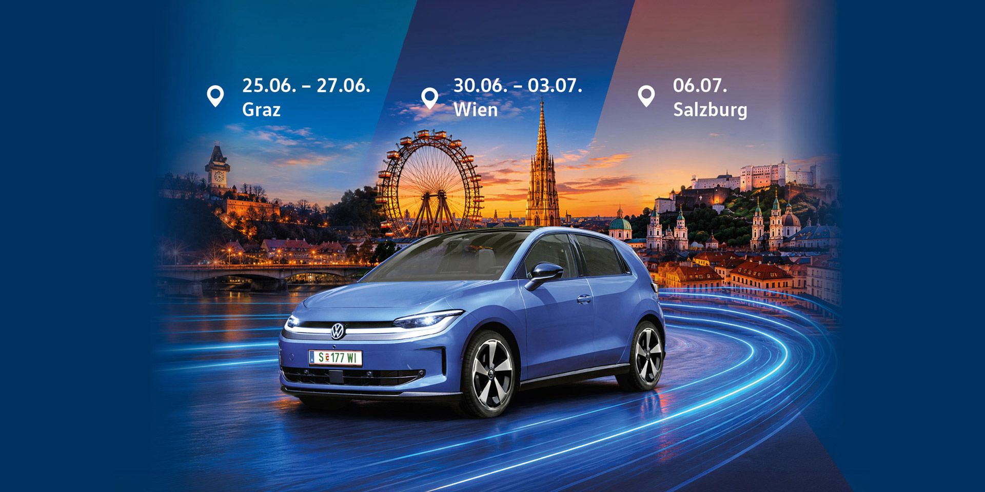 Werbegrafik mit einem blauen ID. Polo im Vordergrund vor einer nächtlichen Stadtlandschaft mit Wahrzeichen von Graz, Wien und Salzburg. 
