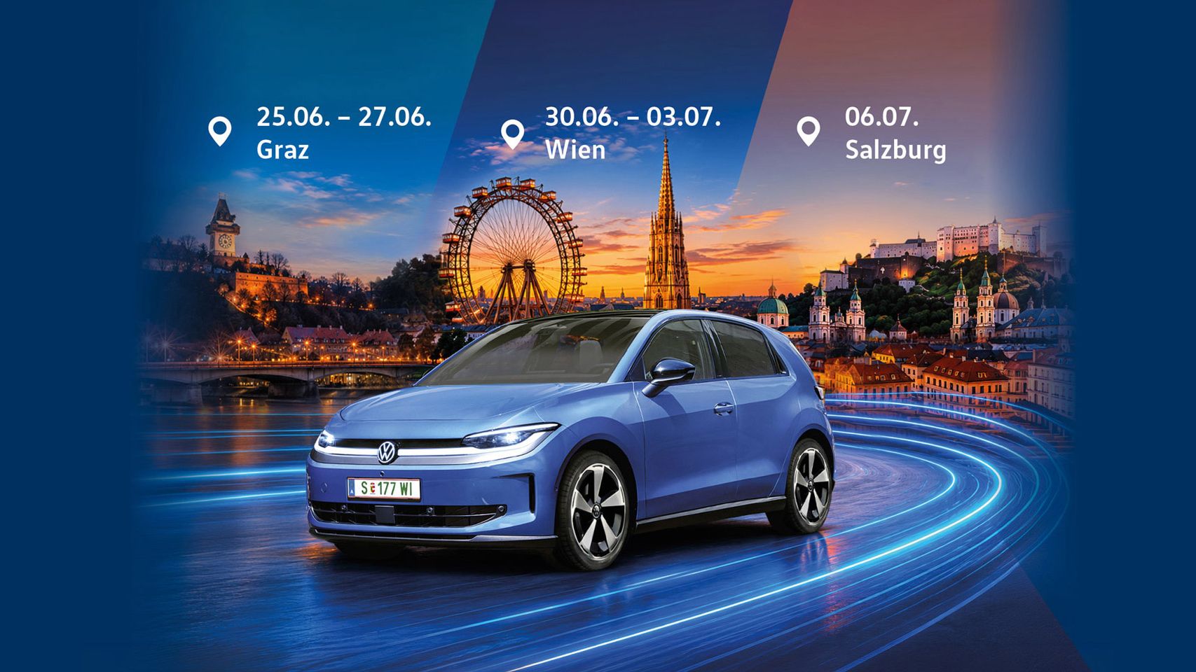 Werbegrafik mit einem blauen ID. Polo im Vordergrund vor einer nächtlichen Stadtlandschaft mit Wahrzeichen von Graz, Wien und Salzburg. 