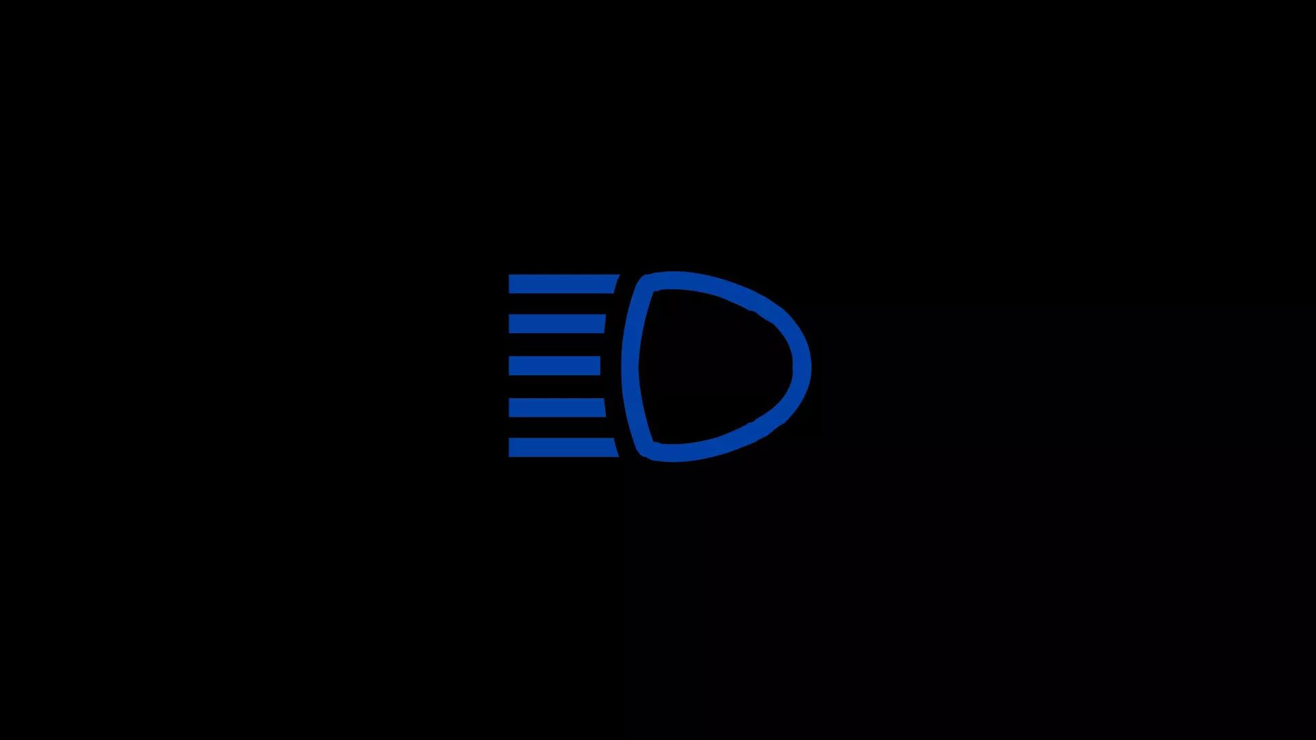 Symbol für eingeschaltetes Fernlicht, dargestellt durch einen blauen Scheinwerfer mit auffächernden Lichtstrahlen auf schwarzem Hintergrund.