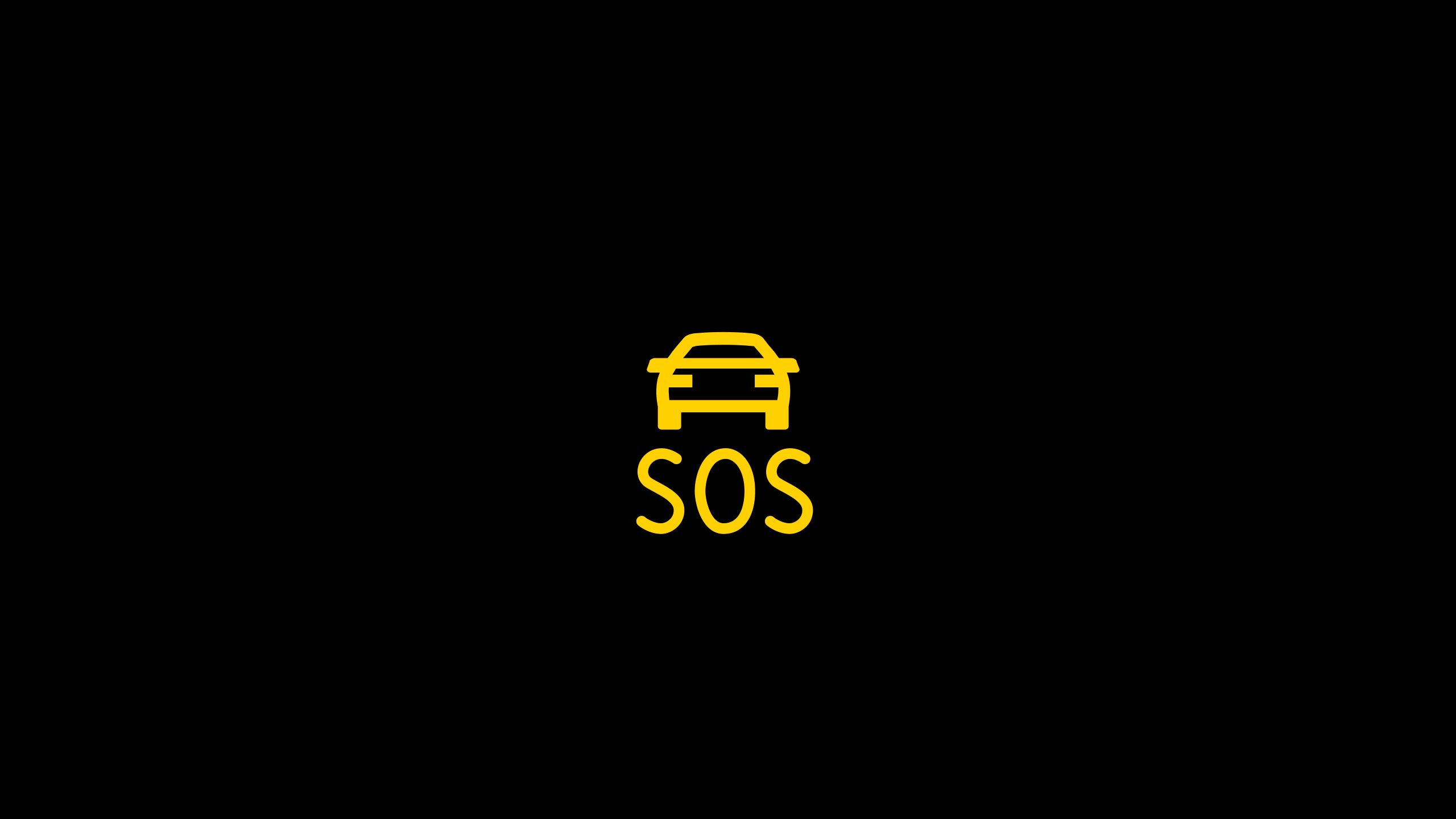 Ein gelbes Auto-Symbol über dem Schriftzug "SOS" auf schwarzem Hintergrund. Das Bild weist auf eine Notfallsituation im Zusammenhang mit einem Fahrzeug hin.