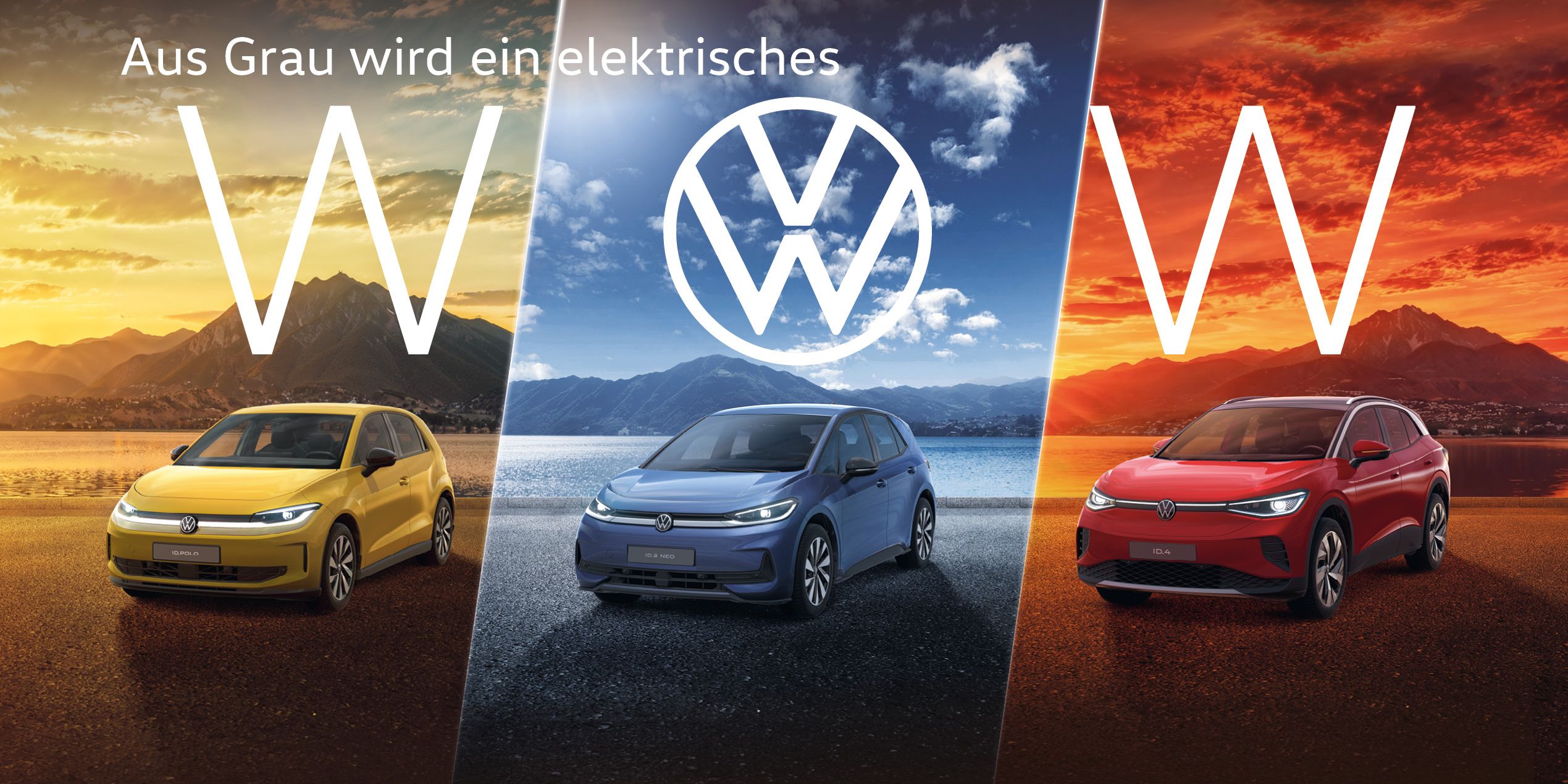 Werbegrafik von Volkswagen mit drei nebeneinander stehenden Elektroautos in Gelb, Blau und Rot vor unterschiedlich gefärbten Himmeln. Über jedem Auto steht ein großes weißes „W“, in der Mitte das VW-Logo. Oben links steht der Werbeslogan „Aus Grau wird ein elektrisches“.