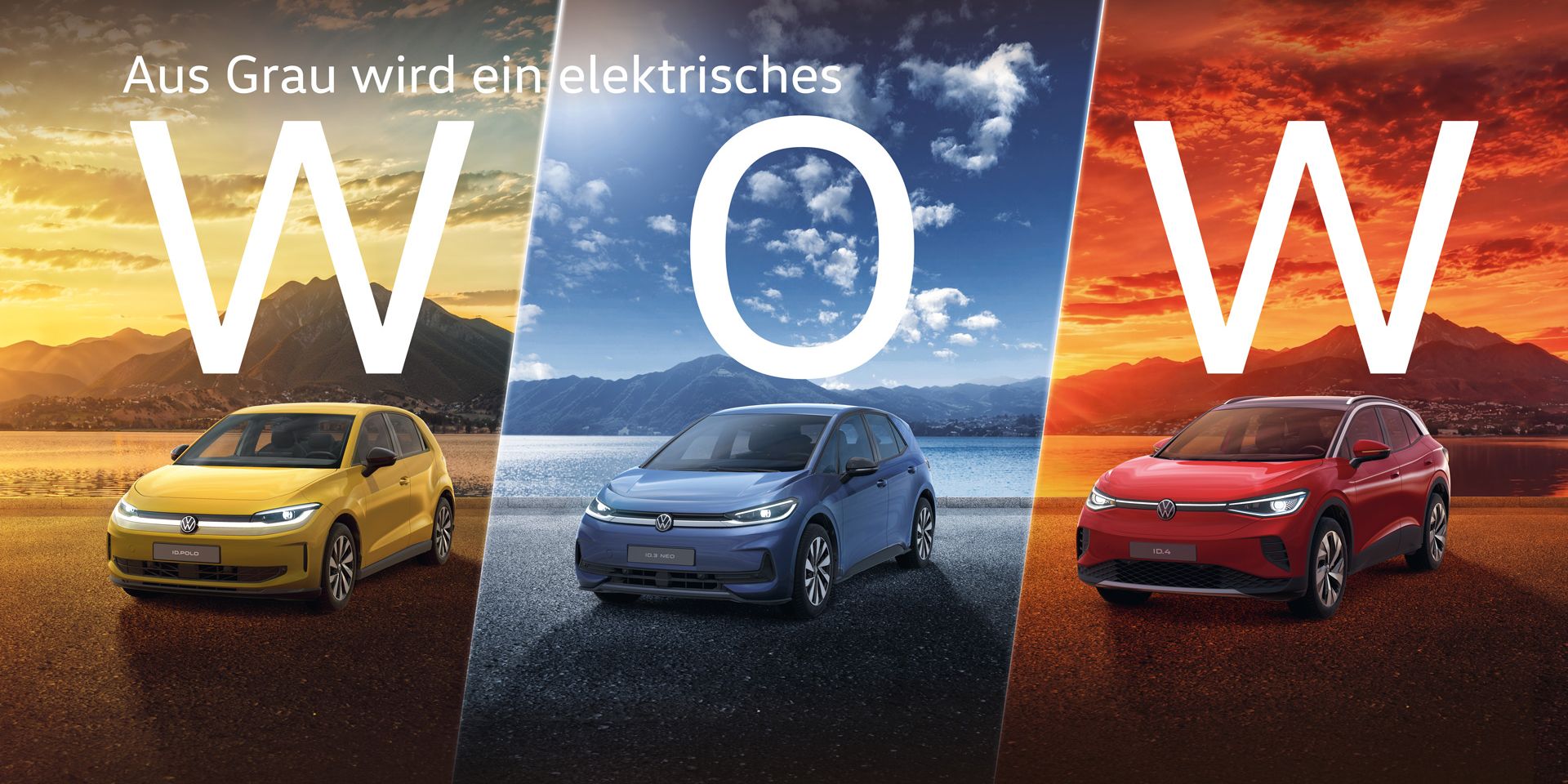 Werbegrafik von Volkswagen mit drei nebeneinander stehenden Elektroautos in Gelb, Blau und Rot vor unterschiedlich gefärbten Himmeln. Über jedem Auto steht ein großes weißes „W“, in der Mitte das VW-Logo. Oben links steht der Werbeslogan „Aus Grau wird ein elektrisches“.