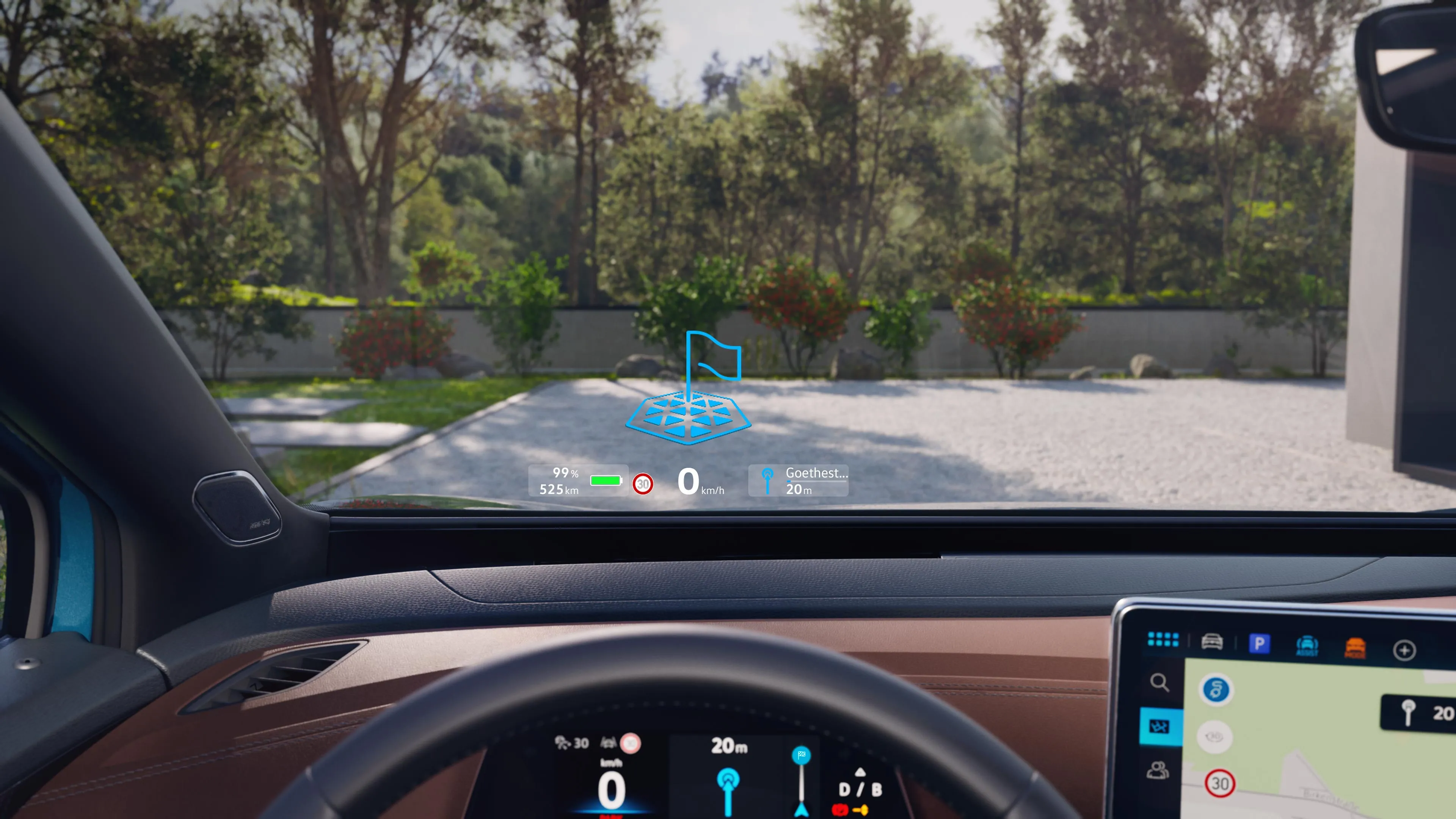 Fahreransicht im VW ID.4 mit Navigationshinweisen des Head-up-Displays auf der Frontscheibe.
