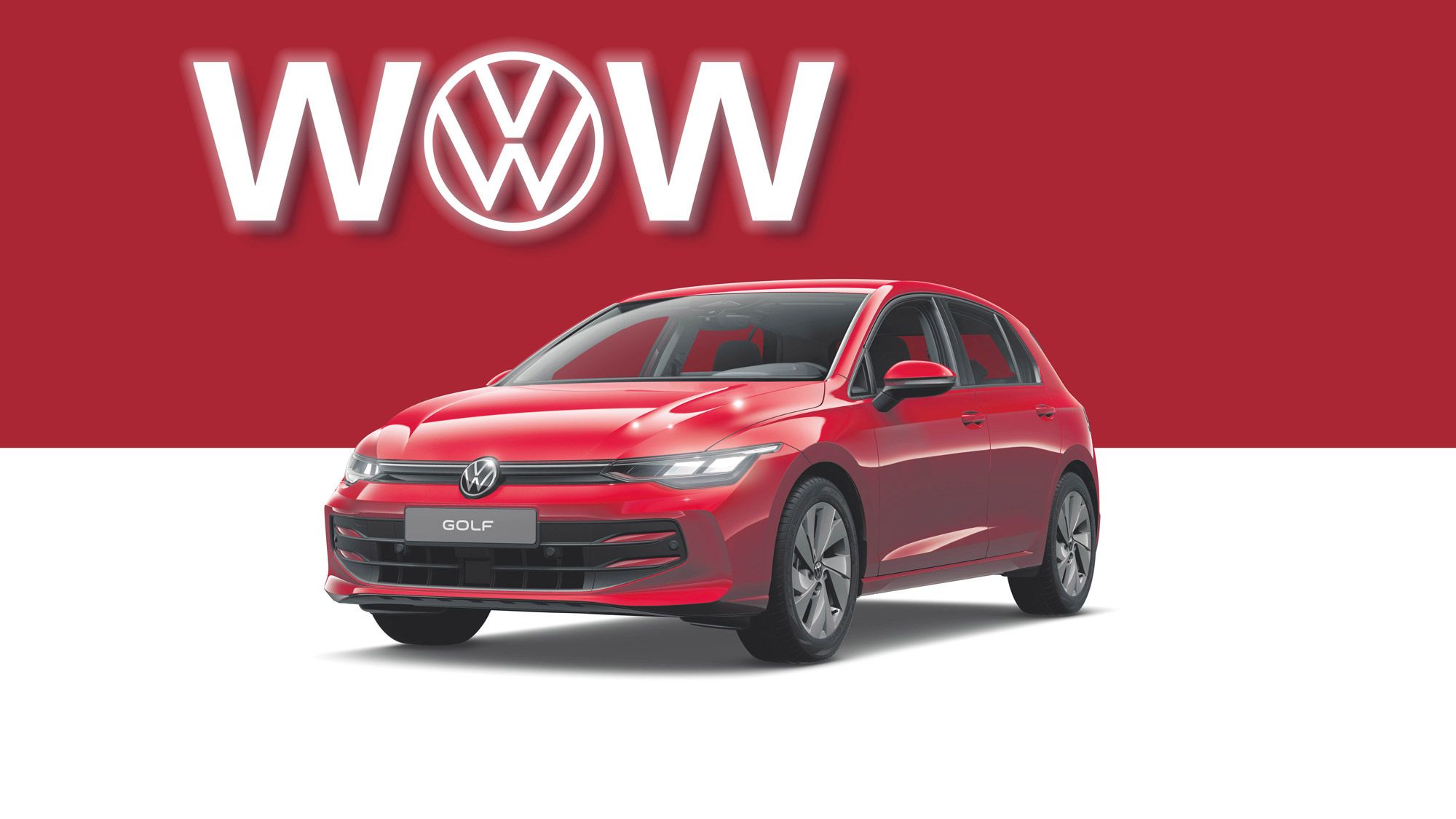 Ein rotes Volkswagen Golf Auto ist vor einem roten Hintergrund mit dem Wort "WOW" und dem VW-Logo abgebildet. Links oben steht "Ab € 21.590,-".